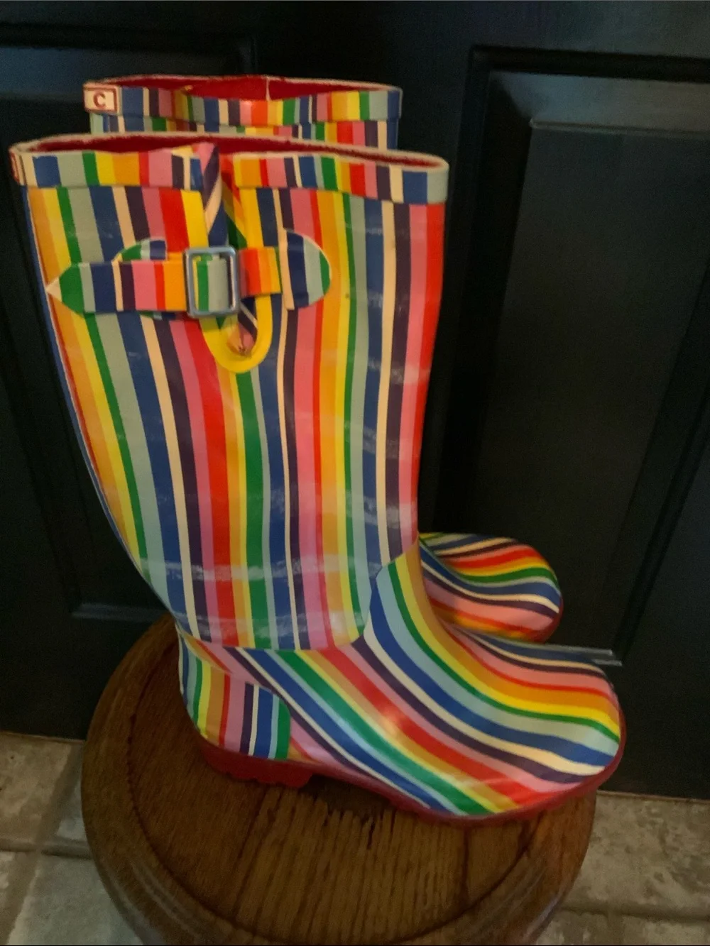 JC Rubber Boots Rainbow VerticalStripes Whimsical Fun Rainboots Size 7 Women’s